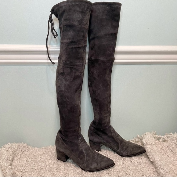 STUART Weitzman Lesley Grey Suede Over the Knee Boots 4 - Picture 1 of 10